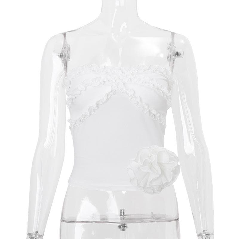 Chic Ruffled Tube Top with 3D Floral Appliqué - Your Versatile Fall & Holiday Style Essential