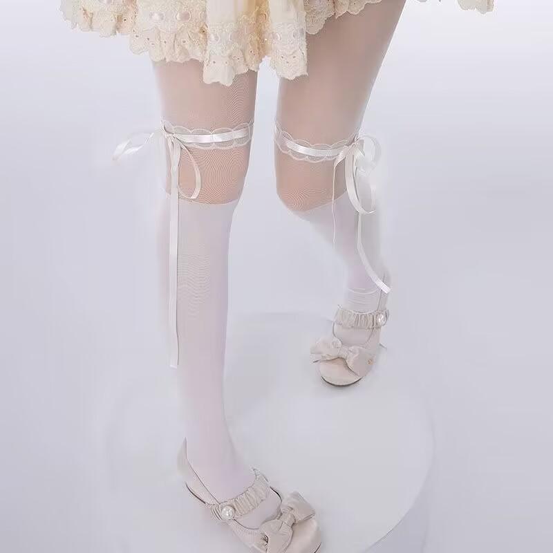 Gothic Glamour Ribbon Bow Thigh-High Style Tights - Sheer-to-Opaque for Fall & Halloween