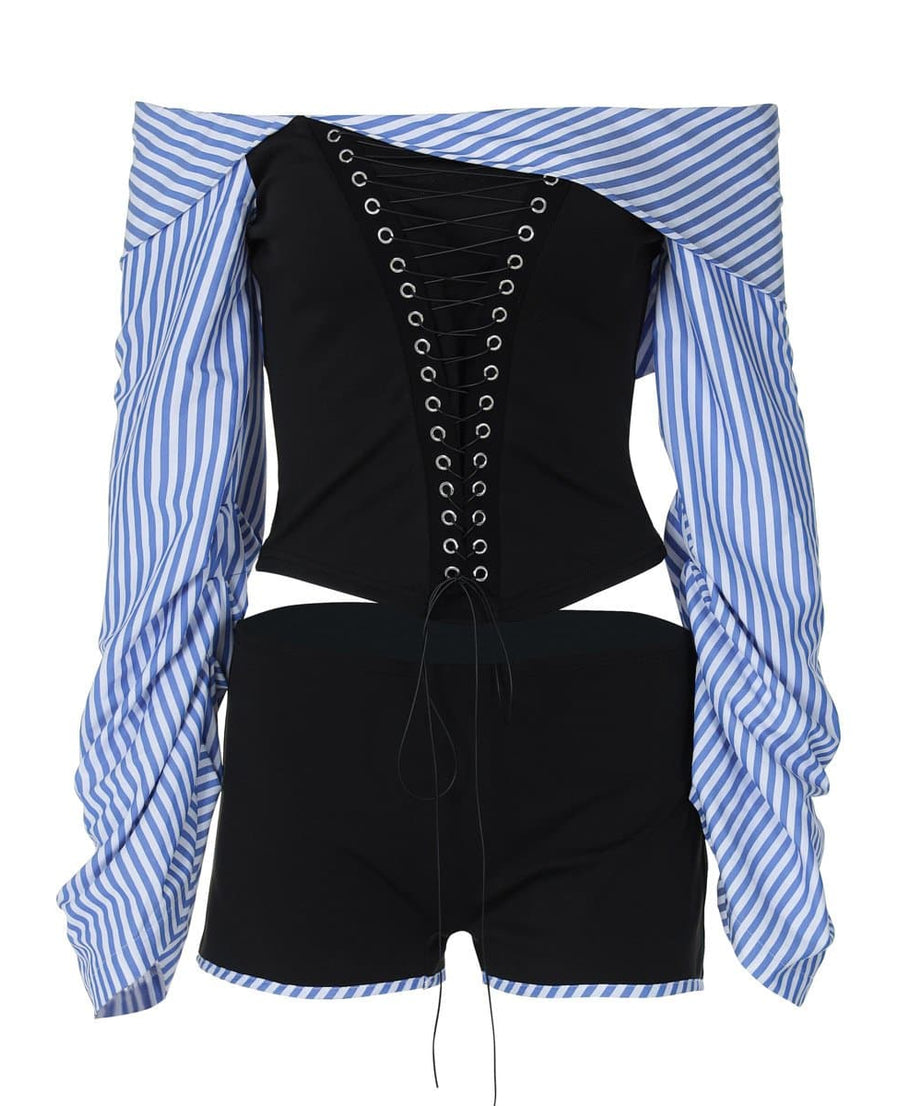 Trendy Off-Shoulder Lace-Up Corset Top & Striped Sleeve Shorts Set - Your Fall-Ready Statement