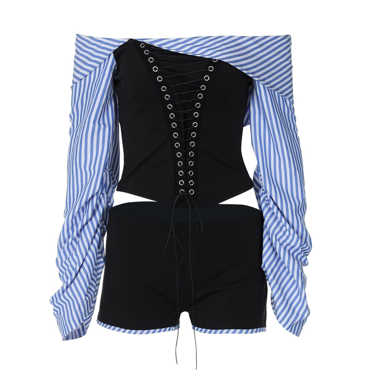 Trendy Off-Shoulder Lace-Up Corset Top & Striped Sleeve Shorts Set - Your Fall-Ready Statement