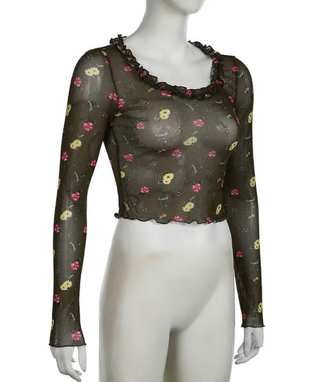 Trendy Floral Mesh Ruffle Crop Top - Sheer Long Sleeve for Fall Layering