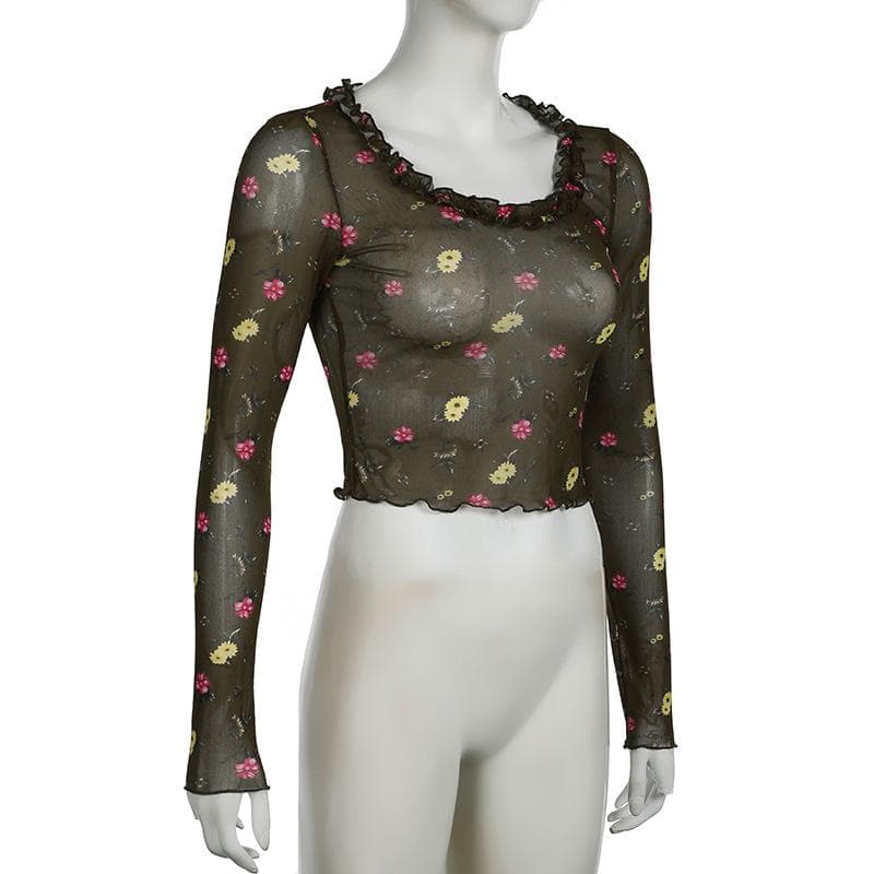 Trendy Floral Mesh Ruffle Crop Top - Sheer Long Sleeve for Fall Layering