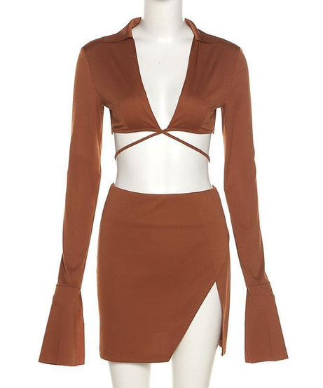 Autumn Radiance: Chic Flared Sleeve Crop Top & Slit Mini Skirt Set