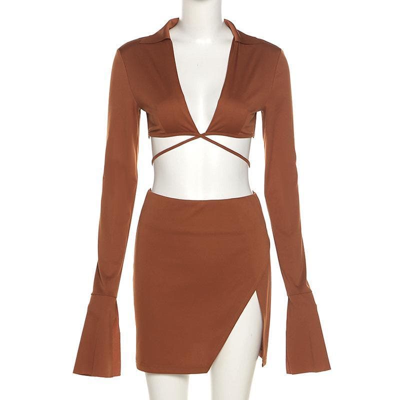 Autumn Radiance: Chic Flared Sleeve Crop Top & Slit Mini Skirt Set