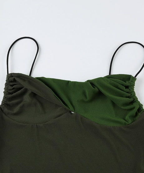 Fall Chic Olive Green Contrast Ruched Cami Top - Trendy Slim Fit Tank