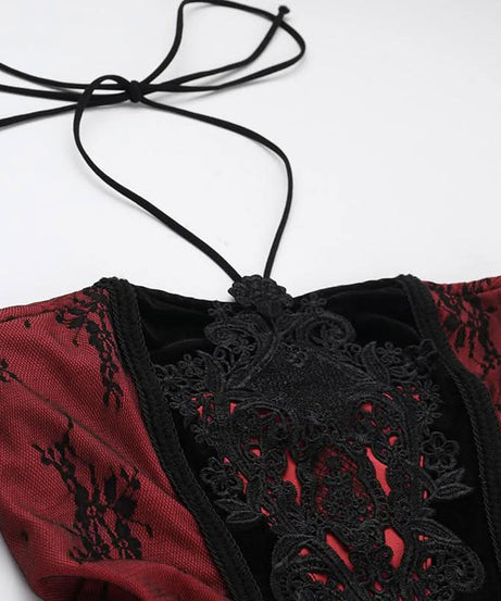 Sultry Enchantress: Velvet & Crimson Embroidered Halter Maxi Dress for Fall & Holiday Soirées