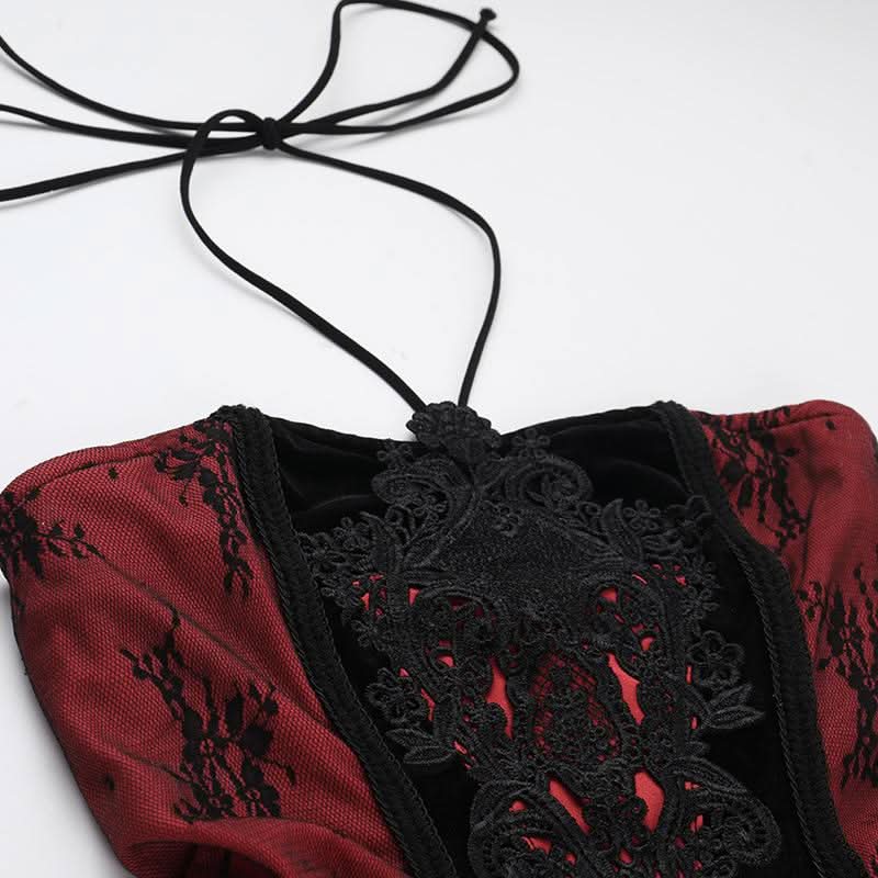 Sultry Enchantress: Velvet & Crimson Embroidered Halter Maxi Dress for Fall & Holiday Soirées