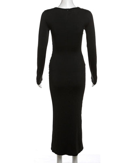 Effortless Chic: Black Ruched Long Sleeve Maxi Dress - Fall & Holiday Style