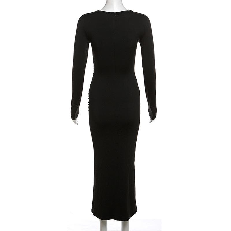Effortless Chic: Black Ruched Long Sleeve Maxi Dress - Fall & Holiday Style