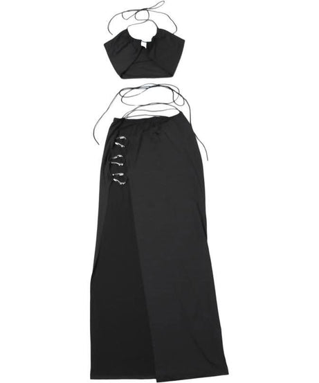 Y2K Goddess O-Ring Halter Crop Top & High Slit Maxi Skirt Set | Black Party & Vacation Wear