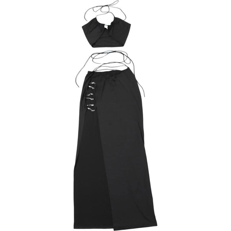 Y2K Goddess O-Ring Halter Crop Top & High Slit Maxi Skirt Set | Black Party & Vacation Wear