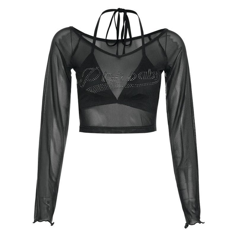 Y2K Glam "Pinkbaby" Rhinestone Mesh Halter Crop Top - Edgy Fall Party & Halloween Essential