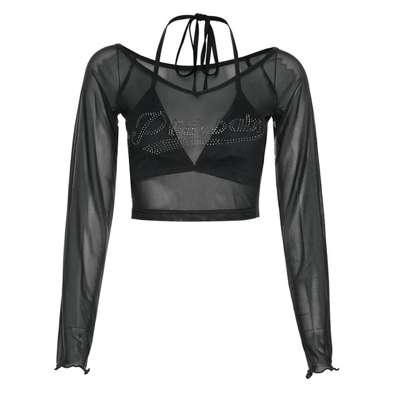 Y2K Glam "Pinkbaby" Rhinestone Mesh Halter Crop Top - Edgy Fall Party & Halloween Essential