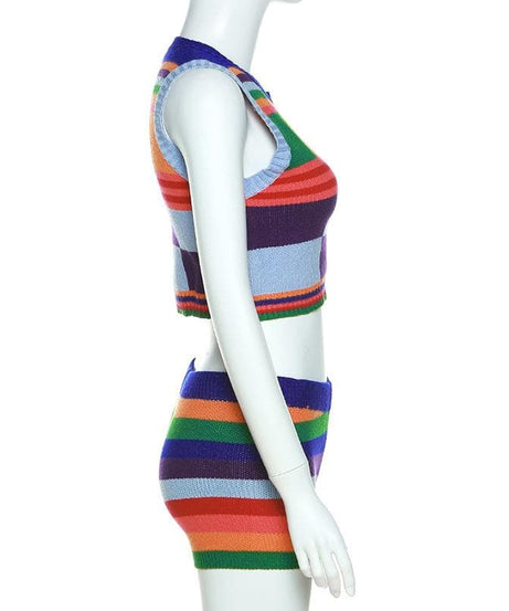Groovy Getaway Knit Set: Vibrant Checkerboard Crop Top & Striped Shorts