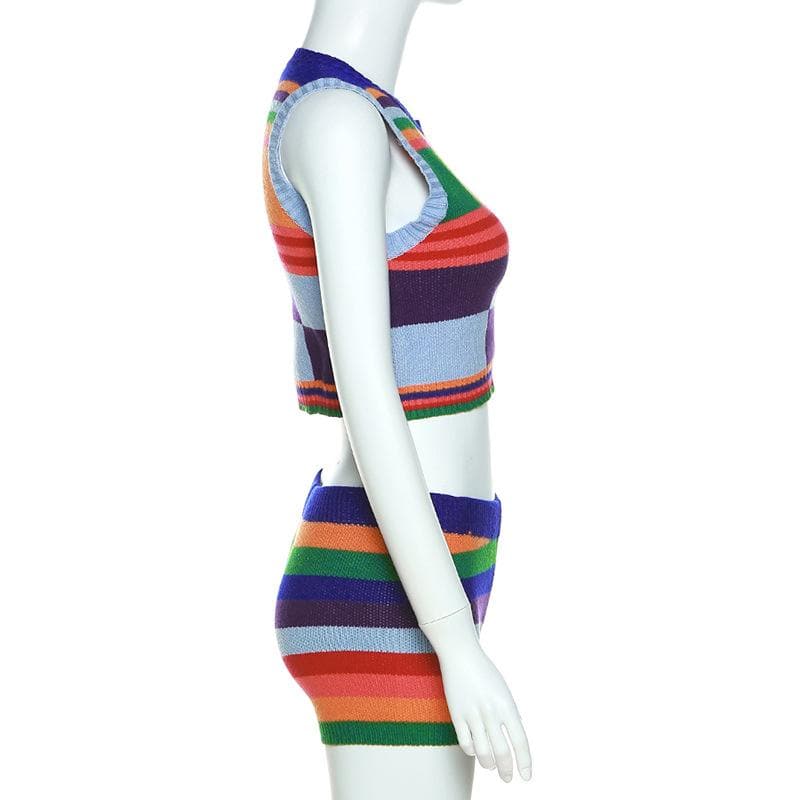 Groovy Getaway Knit Set: Vibrant Checkerboard Crop Top & Striped Shorts