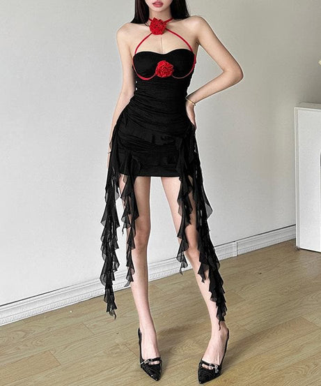 Fall Glamour: Mocha Rose Halter Mini Dress - Ruched Bodycon with Dramatic Ruffled Sashes