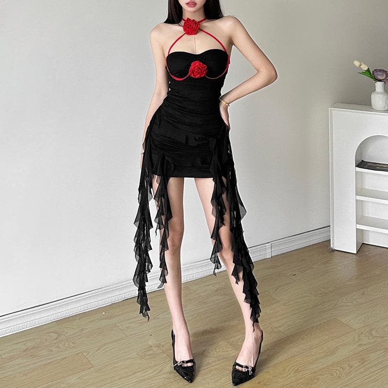 Fall Glamour: Mocha Rose Halter Mini Dress - Ruched Bodycon with Dramatic Ruffled Sashes