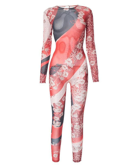 Y2K Floral Mesh Catsuit - Sheer Long Sleeve Jumpsuit for Fall Parties & Club Nights