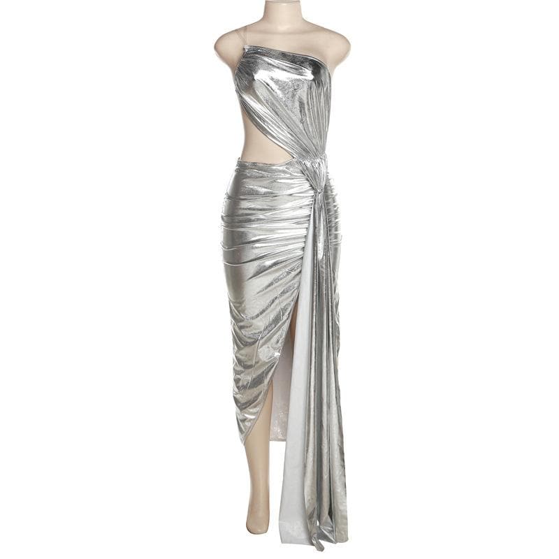 Dazzling Silver Metallic One-Shoulder Cut-Out Maxi Dress - Holiday & NYE Glam