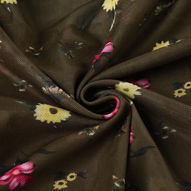 Trendy Floral Mesh Ruffle Crop Top - Sheer Long Sleeve for Fall Layering