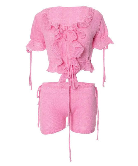 Sweetheart Pink Ruffle Knit Set - Adjustable Crop Top & Shorts | Cozy Fall Chic
