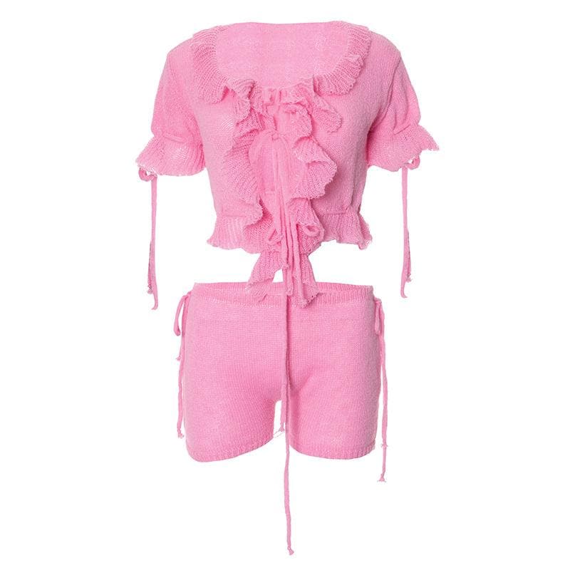 Sweetheart Pink Ruffle Knit Set - Adjustable Crop Top & Shorts | Cozy Fall Chic