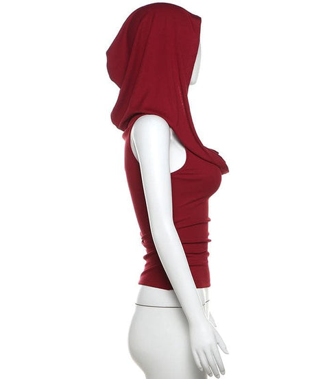 Autumn Enchantress: Deep Wine Red Sleeveless Cowl Neck Hoodie Top for Fall