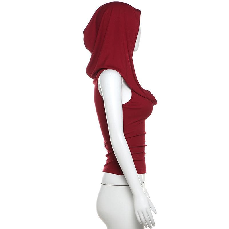 Autumn Enchantress: Deep Wine Red Sleeveless Cowl Neck Hoodie Top for Fall