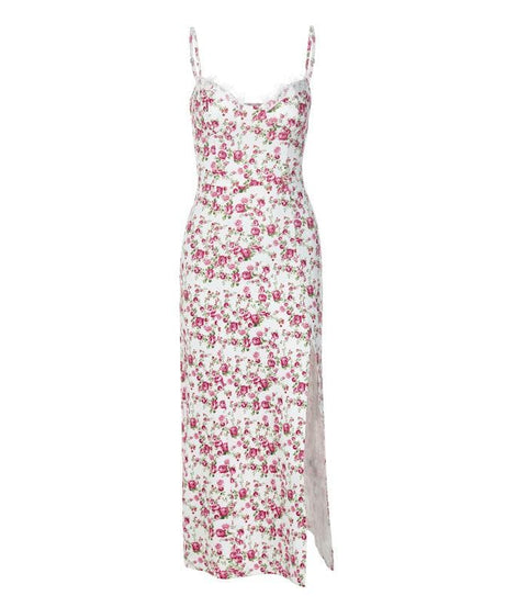 Romantic White Floral Lace Trim Cami Midi Dress with High Slit - Chic Autumn Events & Vacation Style