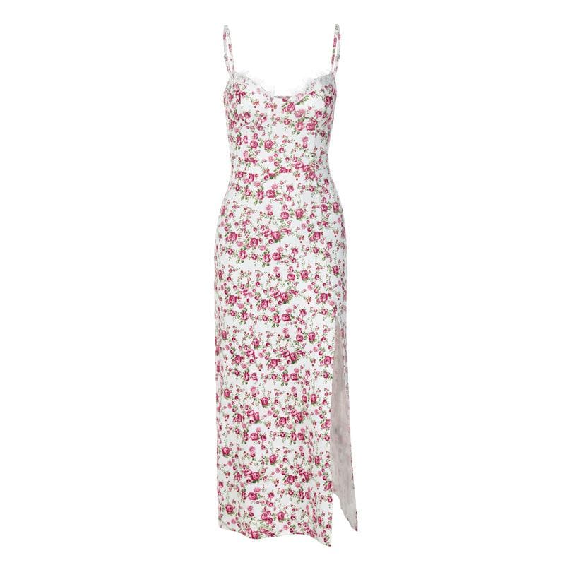 Romantic White Floral Lace Trim Cami Midi Dress with High Slit - Chic Autumn Events & Vacation Style