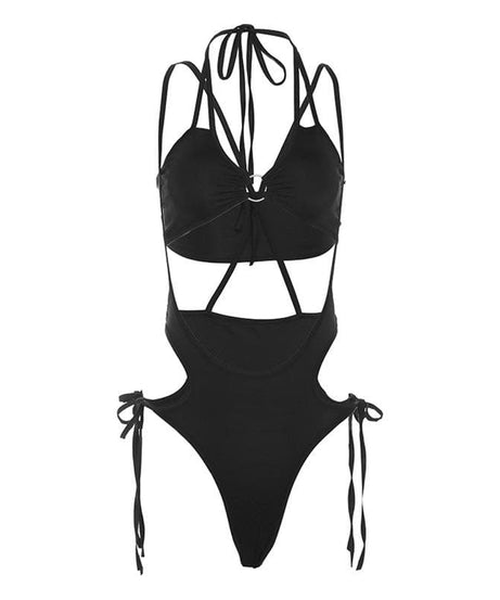 Siren Black O-Ring Cutout Halter Monokini | Statement Vacation & Party Bodysuit