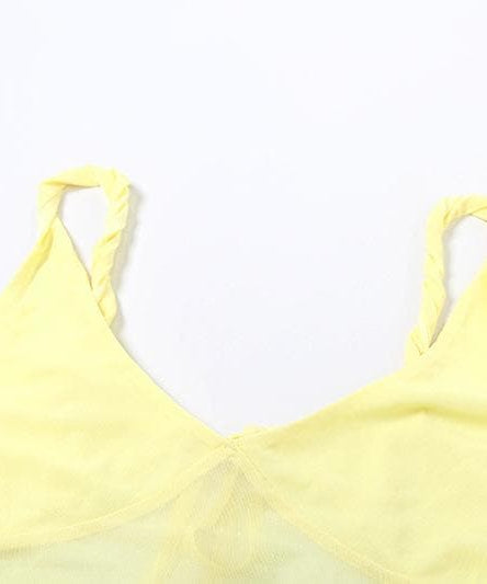 Golden Hour Glow: Breezy Yellow Mesh Cami & Ruffle Slit Maxi Skirt Set - Vacation & Resort Ready