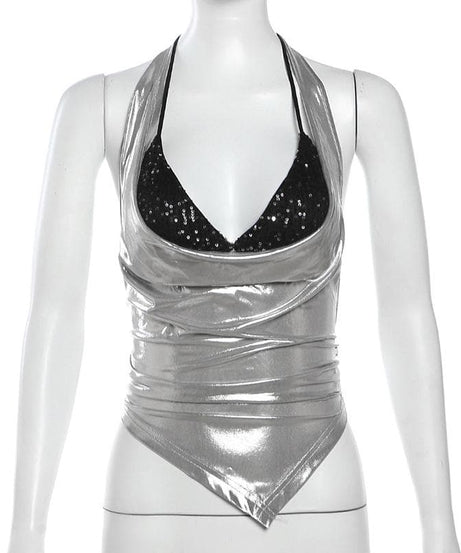 Sparkle & Slay: Y2K Metallic Silver Cowl Neck Halter Top – Your Ultimate Party & Holiday Glam Piece!