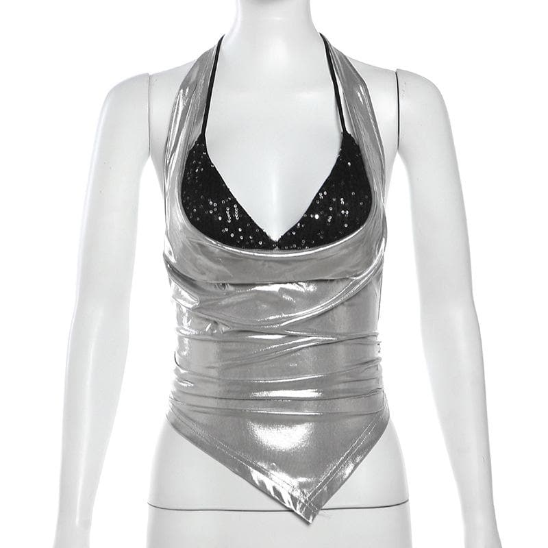 Sparkle & Slay: Y2K Metallic Silver Cowl Neck Halter Top – Your Ultimate Party & Holiday Glam Piece!