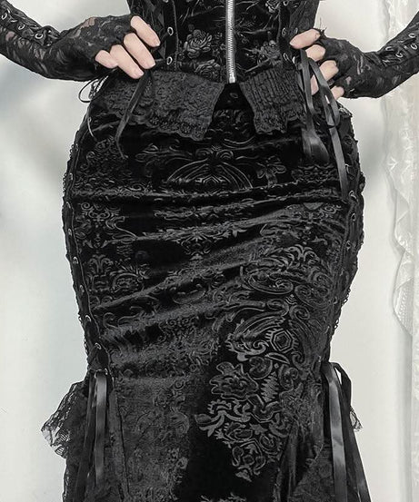 Enchanting Black Velvet Lace-Up Maxi Skirt | Gothic Fall & Halloween Statement Piece