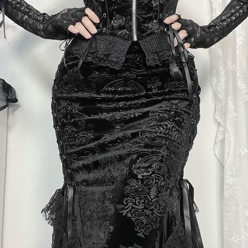 Enchanting Black Velvet Lace-Up Maxi Skirt | Gothic Fall & Halloween Statement Piece