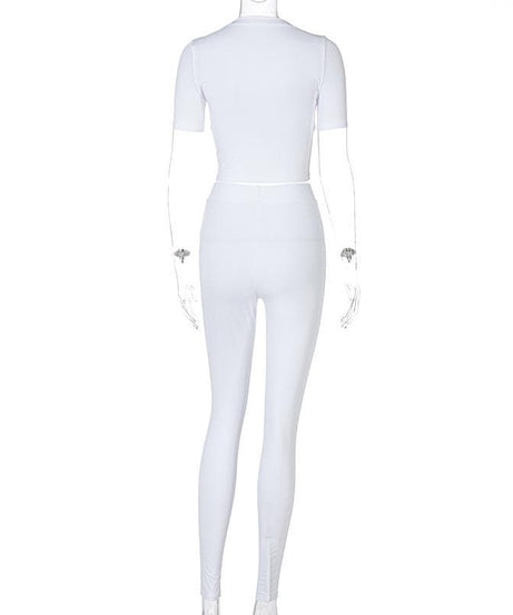 Crisp White Athleisure Set: Short Sleeve Crop Top & High-Waisted Leggings for Fall