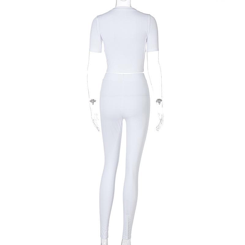 Crisp White Athleisure Set: Short Sleeve Crop Top & High-Waisted Leggings for Fall