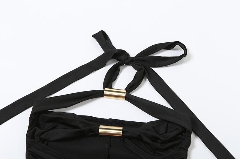 Sleek Black Halter Cutout Romper with Gold Hardware | Ruched Party Jumpsuit for Fall & Holiday Glam