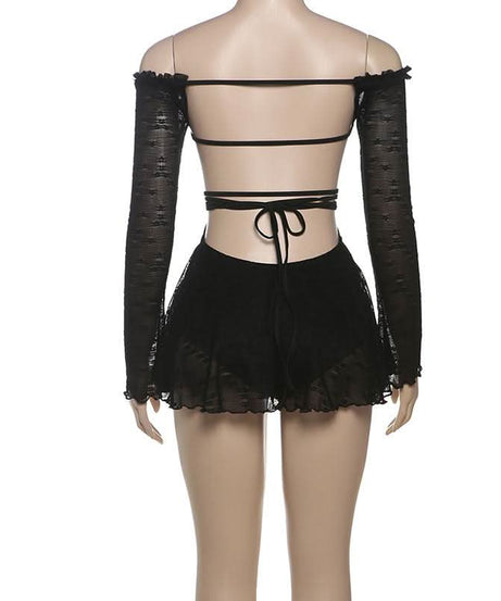 Sultry Black Lace Off-Shoulder Mini Dress | Corset-Tie Cut-Out | Fall Party & Halloween Ready