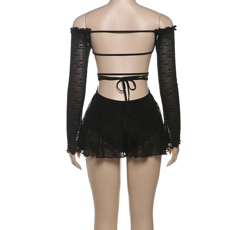 Sultry Black Lace Off-Shoulder Mini Dress | Corset-Tie Cut-Out | Fall Party & Halloween Ready