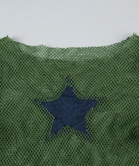 Y2K Grunge Star Mesh Long Sleeve Top - Edgy Fall Layering & Festival Chic for Women