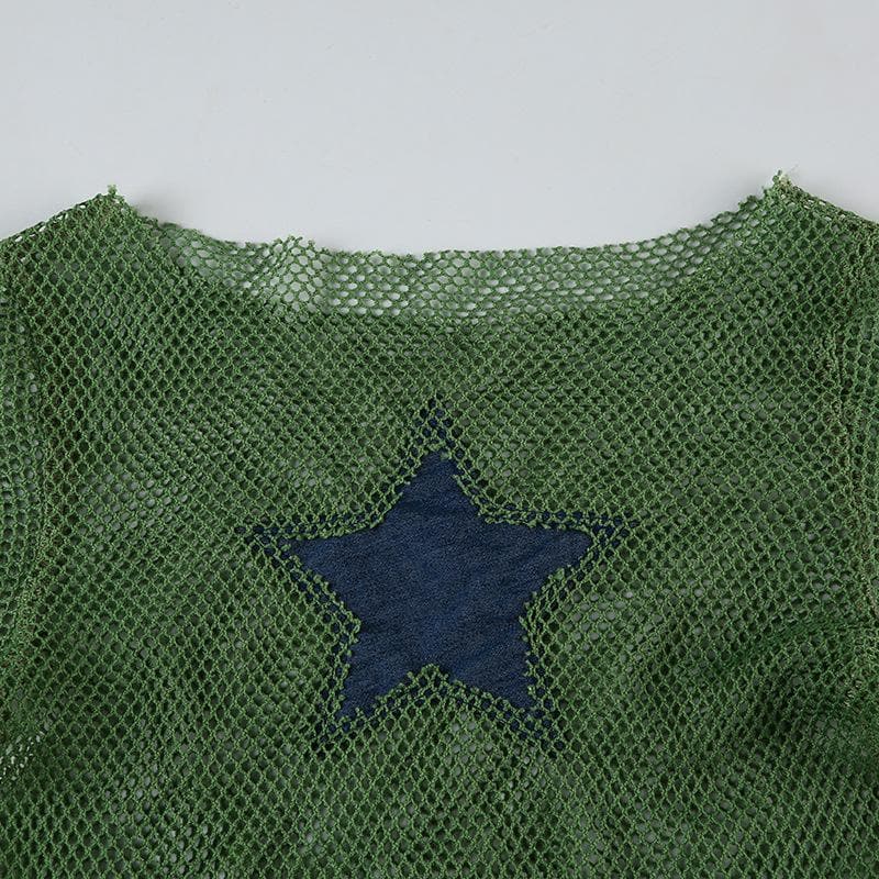 Y2K Grunge Star Mesh Long Sleeve Top - Edgy Fall Layering & Festival Chic for Women