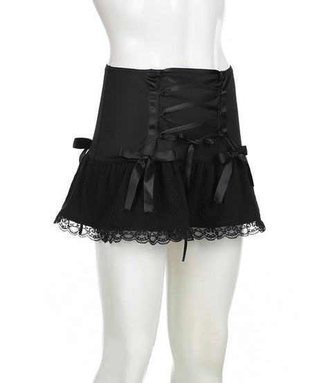 Edgy Chic: Black Low-Rise Lace-Up Mini Skirt | Gothic Bows & Lace Hem for Fall & Halloween