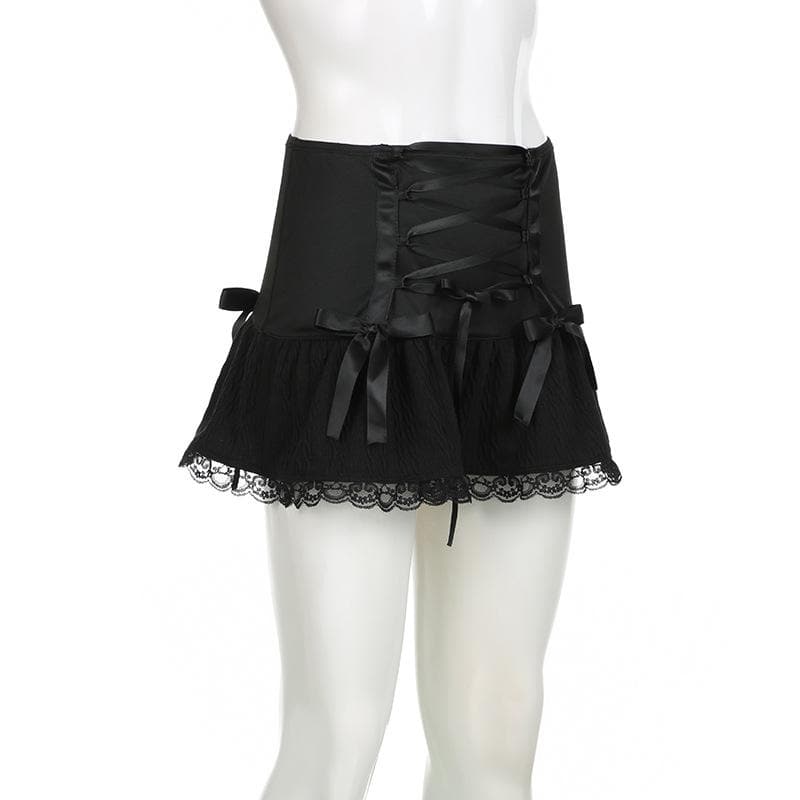 Edgy Chic: Black Low-Rise Lace-Up Mini Skirt | Gothic Bows & Lace Hem for Fall & Halloween