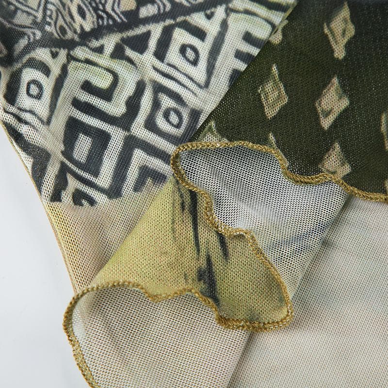 Y2K Boho Chic Patchwork Mesh Cami Top - O-Ring Ruched Detail for Fall