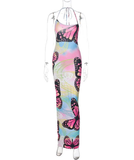 Vibrant Butterfly Bodycon Maxi Dress - Dreamy Tie-Shoulder Resort & Vacation Style