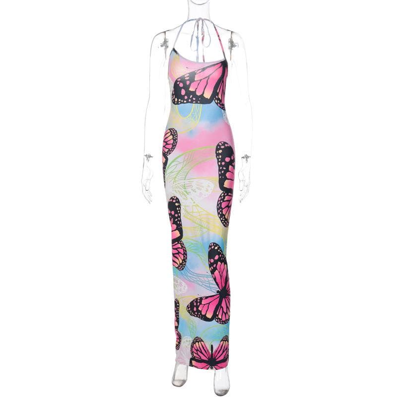 Vibrant Butterfly Bodycon Maxi Dress - Dreamy Tie-Shoulder Resort & Vacation Style