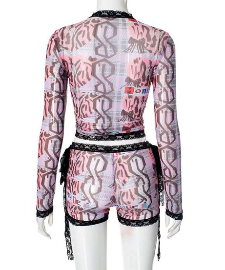 Spooky Chic Y2K Mesh "MONSTER" Print Lace Trim Crop Top & Shorts Set – Halloween & Fall Streetwear