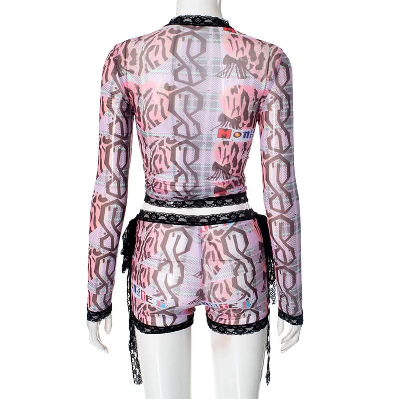 Spooky Chic Y2K Mesh "MONSTER" Print Lace Trim Crop Top & Shorts Set – Halloween & Fall Streetwear